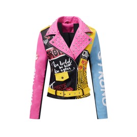 RISISSIDA Studded Leather Jacket Women Moto Motorcycle Plus Size Oversized Faux Leather Coat Black-pink 0375 3X-L