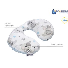 Medi Partners Children's Neck Pillow, Car, Aeroplane, Baby, 100% Cotton/Minky Neck Support Headrest, Child Seat, Car Seat, Neck Roll Cushion (Teddy Bear with Light Blue Minky)