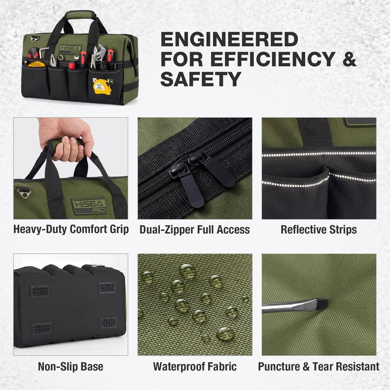 HISEA Heavy Duty Tool Bag 20 Pockets, 16-Inch Portable Tool