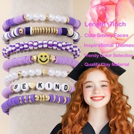 yongder Friendship Stretch Stackable Bracelets, Heishi Surfer Clay Bead Preppy Smiley For Women Bracelet (purple)