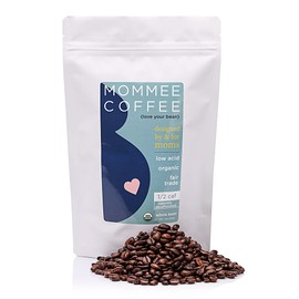 Mommee Coffee Half Caf Low Acid Whole Organic Coffee Beans - 100% Arabica Organic Half Caff Coffee Beans with Smooth Caramel Flavor - Natural Process - Medium Roast - 11 oz