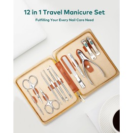 Juego de manicura, juegos de pedicura, juegos de cortaúñas, juegos de cortador de uñas profesional de acero inoxidable con estuche de viaje (12 unidades)