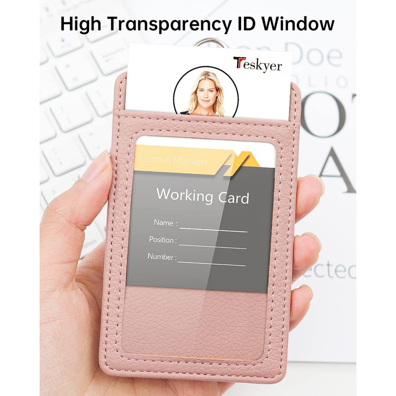 Teskyer ID Card Holder with Strap, PU Leather, Transparent Window