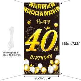 DPKOW Black Gold 40th Birthday Decoration for Man Woman, Black Gold 40th Birthday Banner for Backdrop Door Decoration, Fabric 40th Birthday Background Banner for Garden Table Wall Decoration, 185x90cm