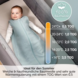 LaLoona Summer Sleeping Bag Gauze, Sleeveless - Lightweight Baby Sleeping Bag Sleeveless for Summer and Spring, 0.5 TOG, 100% Cotton, Oeko-Tex Standard 100 - Mint - 60 cm