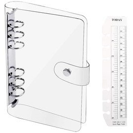 JUJUGO Transparent 6 Hole Binder, A6 Personal Organizer Cover, Waterproof, Metal Ring, Snap Button Closure, Lightweight, Pocket Compatible, Soft Ruler Included, Clear File Type