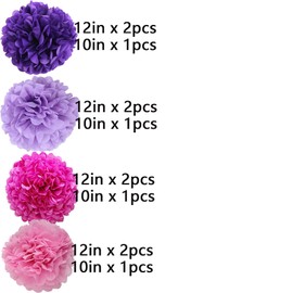 We Moment Purple Pink Paper Pom Poms for Purple Pink Girl Party Decoration Ceiling Wall Hanging Tissue Pom Poms-12pcs,4 Colors（Hot Pink,Light Pink,Deep Purple，Light Purple）of 12 Inch, 10 Inch