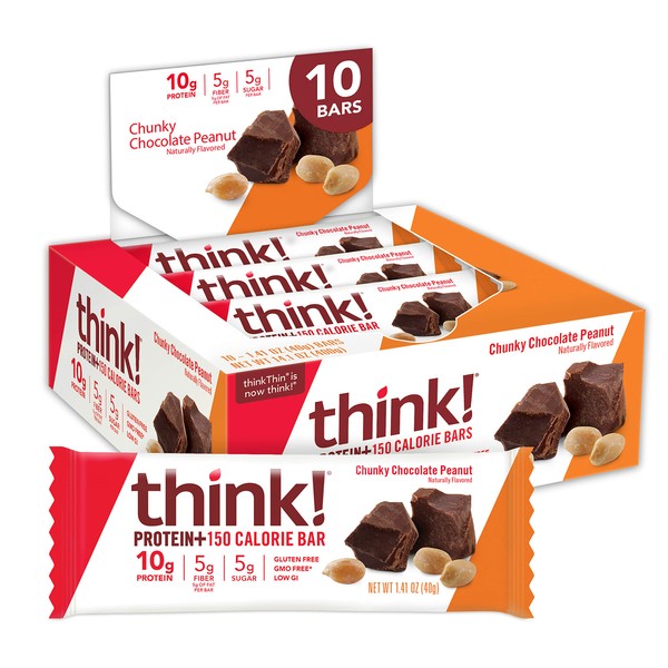 think! Protein Bars with Chicory Root for Fiber, Digestive Support, Gluten Free with Whey Protein Isolate, Chunky Chocolate Peanut, Snack Bars without Artificial Sweeteners, 1.4 Oz (10 Count)
