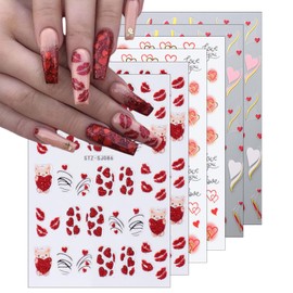6 Sheets Valentine’s Day Nail Art Stickers 3D Heart Nail Stickers Self-Adhesive Cute Bear White Red Pink Love Hearts Nail Design Nail Decals Golden Curve Nail Art Supplies for Women Nail Decoration