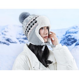 OhMill Women's Fleece Lined Hat Thick Floral Knit Pom Pom Bobble Hat with Ear Flap Ladies Beanie Cap Winter Hat Cap for Teenage Girls Students, Grey