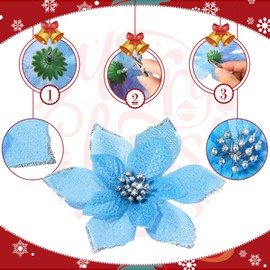 Xuniea 24 Pcs 3 Size Glitter Poinsettia Artificial Flowers Christmas Tree Ornament Christmas Flowers with Clips for Xmas Party New Year Home Decoration, 4, 6 and 9 (Lake Blue)