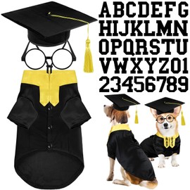 Huhumy 5 Pcs Dog Graduation Costume Set Include 2025 Pet Graduation Gown with Stole Puppy Grad Cap Lensless Glasses DIY Letter Stickers for Dogs Cats Holiday Costume Accessory(Black Yellow,L)