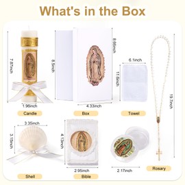 Baptism Candle Set for Boys and Girls,5 PCS Baptism Kit Virgen De Guadalupe Catholic Candle,Towel,Shell,Rosary,Bible for Baptismal Christening First Communion Gift,Velas para Bautizo De Niño o Niña