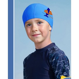 Kids Swimming Cap for Girls 4-9 Years, Swim Hat Boys, PU Material (Blue)