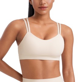 CRZ YOGA Softness Mold Butterluxe V Neck Sports Bras for Women - Workout Top Double Spaghetti Straps Wireless Yoga Clothes White Apricot Small