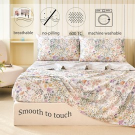 Zusbest Floral Sheets 100% Cotton 600 TC Green Botanical Leaf Print King Size Bed Sheet Set Satin Weave, Soft for Hot Sleepers, Watercolor Vintage Cute Flower Luxury Bedding Deep Pocket 17.5‘’