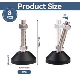 Pack of 8 Adjustable Feet M10 x 50 mm, Adjustable Feet with a Maximum Tilt Angle of 30°, Height Adjustment Screw Furniture Feet, 400 kg to Carry for Table Legs, Chair Legs and Hanging Chair Legs