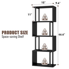 Gadroad 4-Tier Bookshelf, Narrow S-Shaped Geometric Bookcase, Wood Decorative Storage Shelving, Modern Freestanding Display Shelves, Book Shelf Unit for Living Room Bedroom Home Office, Black