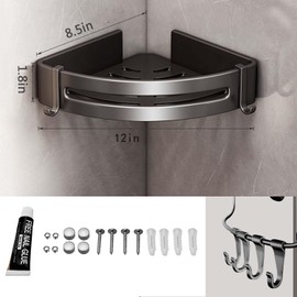 PREMZO Bath Shower Caddy Towel Holder Bar Hanging Hook Organizer Storage Aluminum Home Kitchen Office Bathroom Wall Corner Shelf (BLACK, Set Of 3)