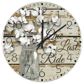 12x12 Inch Wooden Wall Clock One Last Ride Coffee Decor for Classroom Modern Cotton Flowers Buds Balls Wall Clocks Round Wooden Wall Clock Country for Indoor Fitness Room