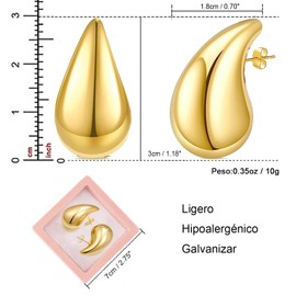 Aretes de lágrima para mujer, aretes de aro de oro grueso, aros abiertos huecos gota de agua de peso ligero, hipoalergénicos, chapados en oro de 18 quilates, joyería ligera de moda