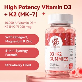 iMATCHME Vitamin D3 K2 Gummies for Adults, 10000 IU Vitamin D3 + 200 mcg K2 MK-7 with Omega-3, Magnesium & Zinc, Bone, Teeth, Heart & Immune Support, Sugar-Free Vegan, 60 Count(Pack of 2)
