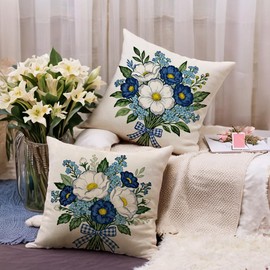 2Pack Blue & White Floral Bouquet Pillow Covers 18x18 Inch,Watercolor Flower Gingham Bow Cushion Cover Farmhouse Spring Garden Flower Home Decor Pillowcase for Sofa Bed Patio (Blue, 18" x 18")