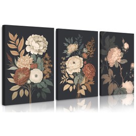 Vintage Flower Wall Art Dark Floral Canvas Wall Art Botanical Farmhouse Wall Art Prints Black Flower Picture Wall Decor Moody Floral Artwork Painting for Living Room Bedroom 12x16x3 Inch Ready to Hang