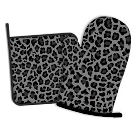 Gray and Black Leopard Oven Mitts and Pot Holders Kitchen Cooking Gloves 2 Pcs Set Heat Resistant Pad for Baking BBQ Home Decor