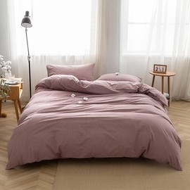 FACE TWO FACE Bedding Duvet Cover Set100% Washed Cotton Duvet Cover Linen Like Textured Breathable Durable Soft Comfy(Queen, Purple Bean Paste)