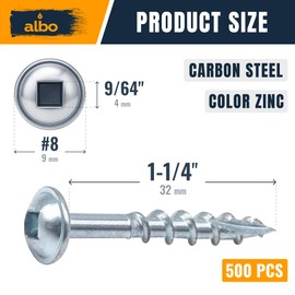Albo Pocket Hole Screws #8 × 1-1/4" Set 500 PCS Zinc Carbon Steel Self-Tapping Robertson Square Drive Washer Head Cabinet Wood Screws, Pocket Jig Fasteners Assortment, 6" (150 mm) Bit Included