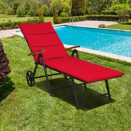 Tangkula Foldable Outdoor Chaise Lounger, Wicker Lounger Chair with Aluminum Black Frame, Wheels for Easy Moving, 7-Position Adjustable Cushioned Rattan Chaise for Poolside, Garden, Balcony and Patio