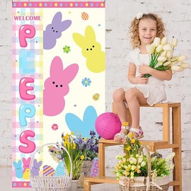 Easter Bunny Decorations-Easter Welcome Door Cover Porch Sign Outdoor Easter Bunny Spring Party Supplies