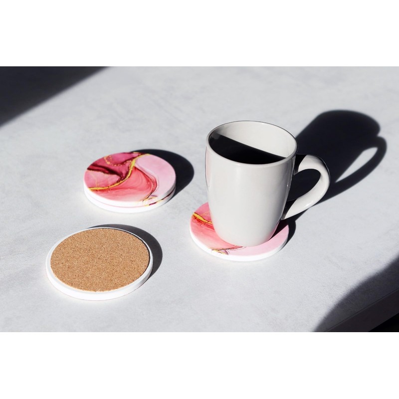 Set of 4 Ceramic Drink Coasters Pink Marble Pattern -