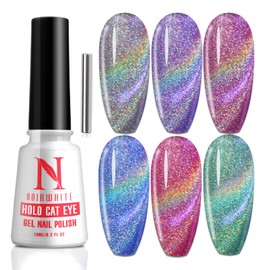 noirwhite Holographic Gel Nail Polish 10ml 1pcs, Glitter Rainbow Cat Eye Effect With 1pcs Magnetic Stick For Nail Art Design Professional Salon Home DIY