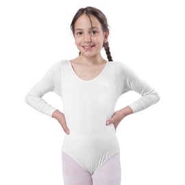 Girls Ballet Leotard Long Sleeve Round Neck Dance Leotards for Girls Dancer Gymnastics, White