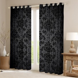 Homemissing Black Damask Window Curtain 137 x 117 cm Children's Vintage Floral Opaque Curtains for Boys Girls Antique Victorian Baroque Curtains Gothic Bone Skeleton Curtains