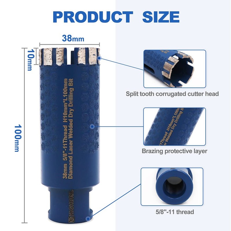 HIGHDRIL Diamond Core Drill Bit,Diameter 1-1/2inch/38mm with 5/8-11 Thread,Dry Hole