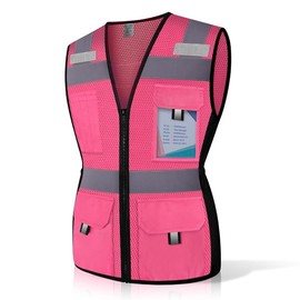 Uno Mejor Womens Safety Vest with 11 Pockets and Zipper, Snug-Fit High Visibility Reflective Vest, Neon Safety Vest for Women Contractors/Surveyors/Workers, Durable, ANSI Compliant, (U-Pink, XS)
