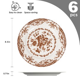 HomeElves Salad Plates, 8.5 Inch Ceramic Plates Set of 6, Kitchen Plates Microwave Safe Plate, White Porcelain Dessert Porcelain Serving Dishes, Brown