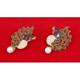 Touchstone Indian Bollywood Ethnic Peacock meenakari Enamel red Faux Ruby Green Faux Emerald and Faux Pearls Long Bridal Chandelier Designer Jewelry Earrings in Antique Gold Or White Tone for Women.