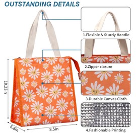 iknoe Insulated Lunch Bag for Women, Durable Wide-Open Foldable & Portable Lunch Tote with Interior Pockets, Water-Resistant Thermal Lunch Cooler for Adults Picnic Beach (Daisy)