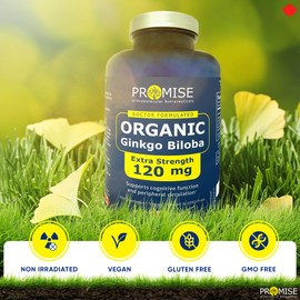 Promise Orthomolecular Nutraceuticals Promise Organic Ginkgo Biloba 120 Capsules, Extra Strength. 120 mg Per Capsule. Maximum Strength Brain Health, Wellness & Cardiovascular Support- Enhance Mental Clairty & Focus