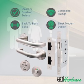 EAI Lift to Lock Return to Door Lever Handle Set with DIN Lock (72mm C/C - Backset 60mm) for Bathroom/Toilet Cubicle Toilet Doors | Satin Stainless | Suitable on 60 Minute Fire Doors