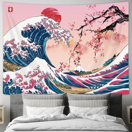 MERCHR Pink Japanese Wall Tapestry, 80 x 60 Inch, Asian Anime Mountain Red Sun Cherry Blossom Decorations for Bedroom Home Decor