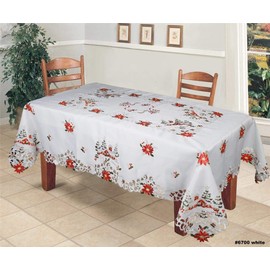 Creative Linens Holiday Christmas Tablecloth 70x90 with 8 Napkins Embroidered Red Poinsettia Christmas Tree Snowy Cabin Table Linen Rectangular White