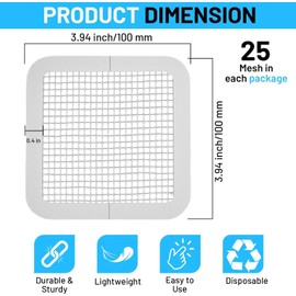 (25 Packs) Disposable Shower Drain Hair Catcher 3.94 Inches Square Drain Hair Catcher Stickers for Bath & Kitchen - Hair Catcher Shower Drain Cover for Human & Pet Hair - Mesh for Bathtub & Laundry