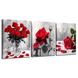 Arjun Rose Wall Art Flower Red Floral Painting Modern Elegant Bloosom Modern Pictures Framed for Living Room Bedroom Bathroom Dinning Room Kitchen Home Office Wall Decor, 12"x16"x3 Panels