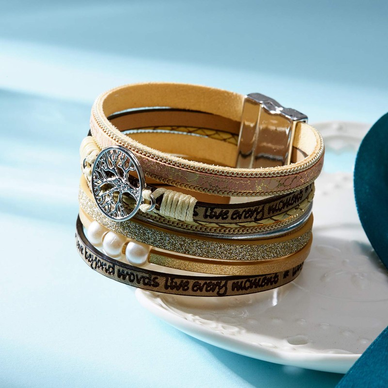 AIODE Tree of Life Boho Multilayer Leather Wrap Bracelet for