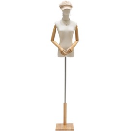 Female Mannequin Torso Dress Form, Clothing Display Model Body Stand with Head, Wooden Arms and Base for Sewing Clothing, Jewelry, Height Adjustable 47-75 Inch (Wood Color)